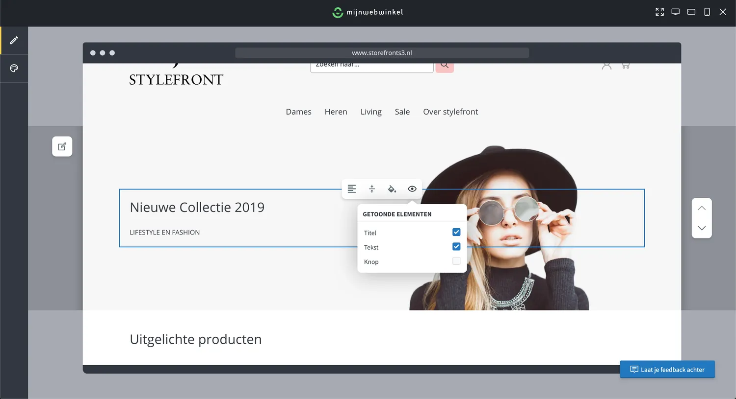 De winkeleditor met een geselecteerde sectie