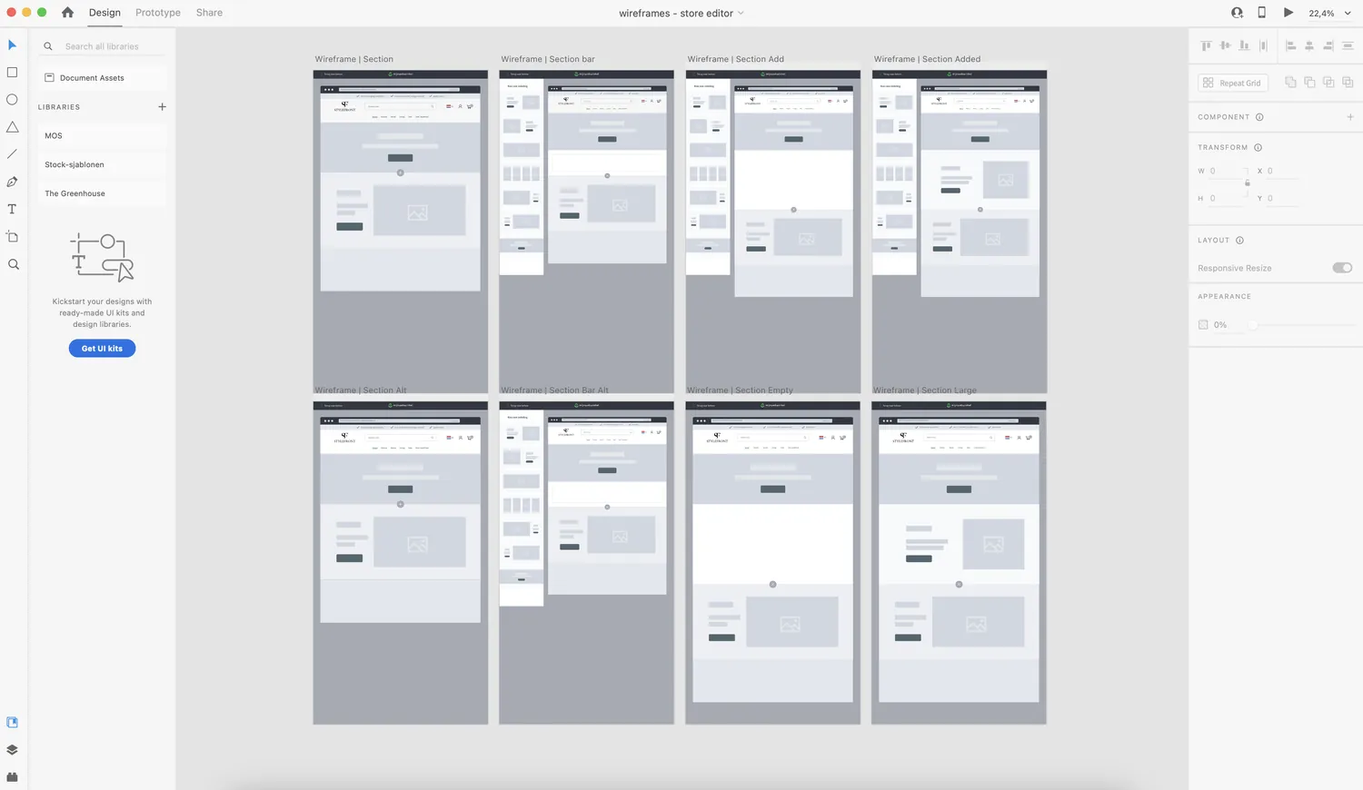 Een overzicht van wireframes voor de winkeleditor