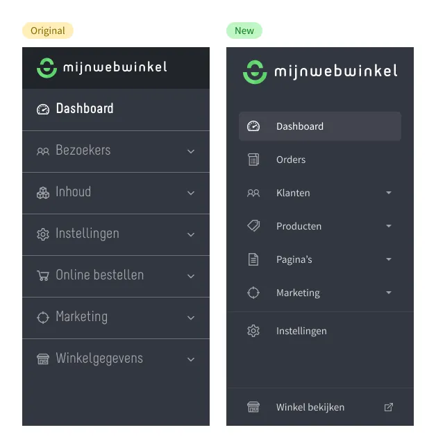 Het oude en het nieuwe menu naast elkaar